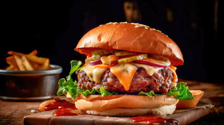 Concept illustration of a delicious burger that just bursts with taste. The burger consists of a juicy cutlet made from a spicy mixture of beef and pork, with melted cheese, crispy lettuce leaves, fresh tomatoes and spicy onions. Generative AIの素材