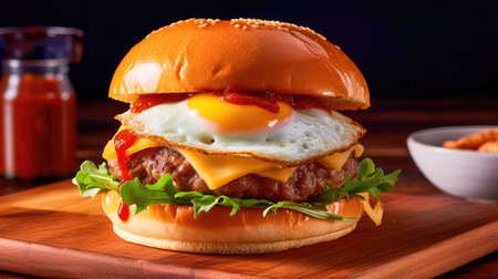 Concept illustration of a delicious burger that just bursts with taste. The burger consists of a juicy cutlet made from a spicy mixture of beef and pork, with melted cheese, crispy lettuce leaves, fresh tomatoes and spicy onions. Generative AIの素材