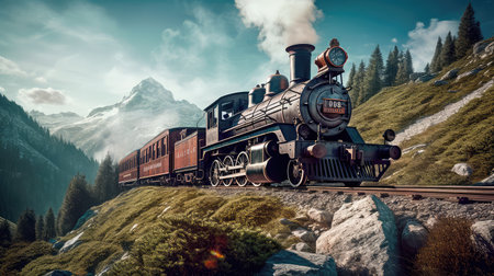 Concept illustration of a steam train is making its way through the picturesque scenery of the Swiss Alps, providing a scenic and nostalgic travel experience for passengers.の素材