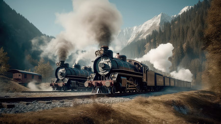 Concept illustration of a steam train is making its way through the picturesque scenery of the Swiss Alps, providing a scenic and nostalgic travel experience for passengers.の素材