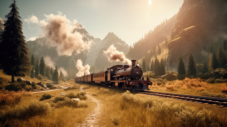Concept illustration of a steam train is making its way through the picturesque scenery of the Swiss Alps, providing a scenic and nostalgic travel experience for passengers.の素材