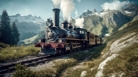 Concept illustration of a steam train is making its way through the picturesque scenery of the Swiss Alps, providing a scenic and nostalgic travel experience for passengers.の素材
