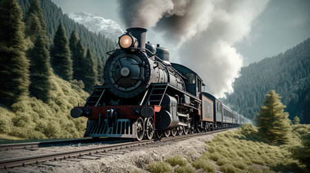 Concept illustration of a steam train is making its way through the picturesque scenery of the Swiss Alps, providing a scenic and nostalgic travel experience for passengers.の素材