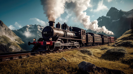Concept illustration of a steam train is making its way through the picturesque scenery of the Swiss Alps, providing a scenic and nostalgic travel experience for passengers.の素材