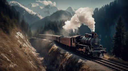 Concept illustration of a steam train is making its way through the picturesque scenery of the Swiss Alps, providing a scenic and nostalgic travel experience for passengers.の素材