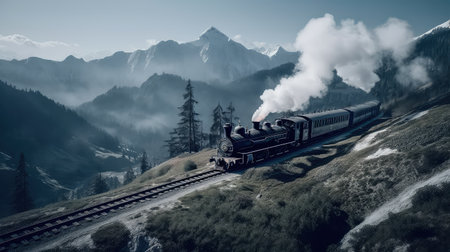 Concept illustration of a steam train is making its way through the picturesque scenery of the Swiss Alps, providing a scenic and nostalgic travel experience for passengers.の素材