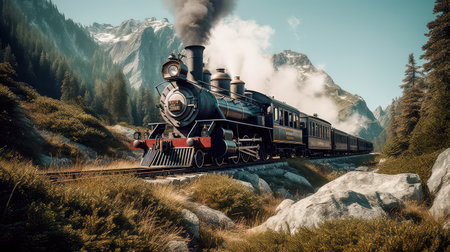 Concept illustration of a steam train is making its way through the picturesque scenery of the Swiss Alps, providing a scenic and nostalgic travel experience for passengers.の素材