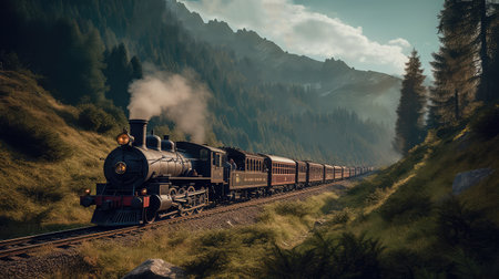 Concept illustration of a steam train is making its way through the picturesque scenery of the Swiss Alps, providing a scenic and nostalgic travel experience for passengers.の素材