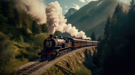 Concept illustration of a steam train is making its way through the picturesque scenery of the Swiss Alps, providing a scenic and nostalgic travel experience for passengers.の素材