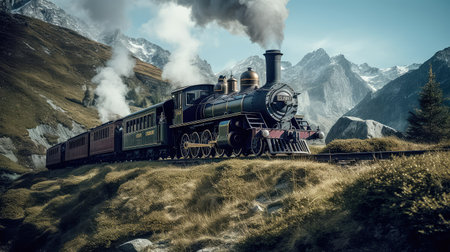 Concept illustration of a steam train is making its way through the picturesque scenery of the Swiss Alps, providing a scenic and nostalgic travel experience for passengers.の素材