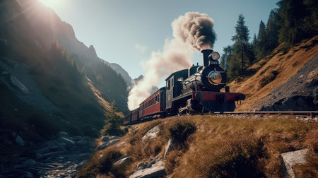 Concept illustration of a steam train is making its way through the picturesque scenery of the Swiss Alps, providing a scenic and nostalgic travel experience for passengers.の素材