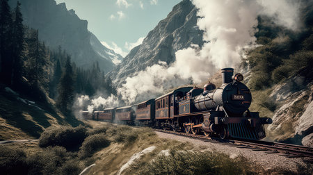 Concept illustration of a steam train is making its way through the picturesque scenery of the Swiss Alps, providing a scenic and nostalgic travel experience for passengers.の素材