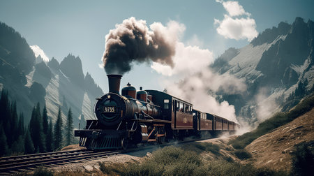Concept illustration of a steam train is making its way through the picturesque scenery of the Swiss Alps, providing a scenic and nostalgic travel experience for passengers.の素材