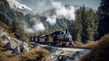 Concept illustration of a steam train is making its way through the picturesque scenery of the Swiss Alps, providing a scenic and nostalgic travel experience for passengers.の素材
