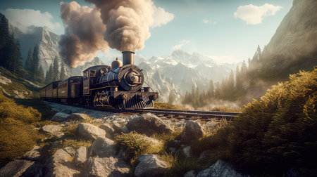 Concept illustration of a steam train is making its way through the picturesque scenery of the Swiss Alps, providing a scenic and nostalgic travel experience for passengers.の素材