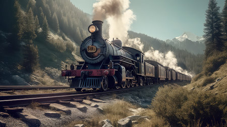 Concept illustration of a steam train is making its way through the picturesque scenery of the Swiss Alps, providing a scenic and nostalgic travel experience for passengers.の素材