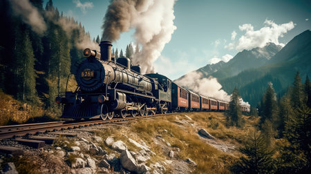 Concept illustration of a steam train is making its way through the picturesque scenery of the Swiss Alps, providing a scenic and nostalgic travel experience for passengers.の素材