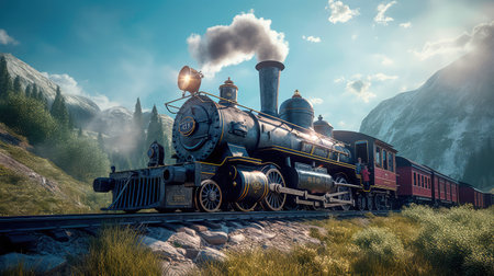 Concept illustration of a steam train is making its way through the picturesque scenery of the Swiss Alps, providing a scenic and nostalgic travel experience for passengers.の素材