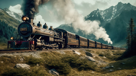 Concept illustration of a steam train is making its way through the picturesque scenery of the Swiss Alps, providing a scenic and nostalgic travel experience for passengers.の素材