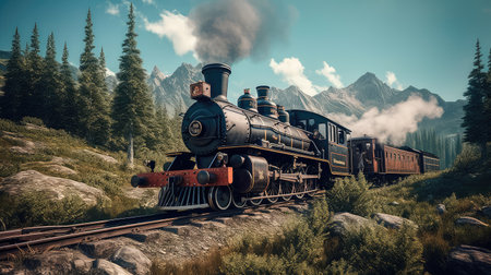 Concept illustration of a steam train is making its way through the picturesque scenery of the Swiss Alps, providing a scenic and nostalgic travel experience for passengers.の素材