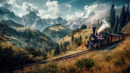 Concept illustration of a steam train is making its way through the picturesque scenery of the Swiss Alps, providing a scenic and nostalgic travel experience for passengers.の素材
