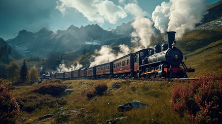 Concept illustration of a steam train is making its way through the picturesque scenery of the Swiss Alps, providing a scenic and nostalgic travel experience for passengers.の素材