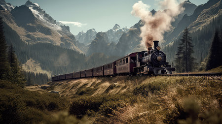 Concept illustration of a steam train is making its way through the picturesque scenery of the Swiss Alps, providing a scenic and nostalgic travel experience for passengers.の素材