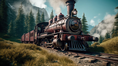 Concept illustration of a steam train is making its way through the picturesque scenery of the Swiss Alps, providing a scenic and nostalgic travel experience for passengers.の素材