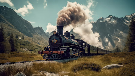 Concept illustration of a steam train is making its way through the picturesque scenery of the Swiss Alps, providing a scenic and nostalgic travel experience for passengers.の素材