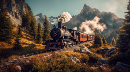 Concept illustration of a steam train is making its way through the picturesque scenery of the Swiss Alps, providing a scenic and nostalgic travel experience for passengers.の素材