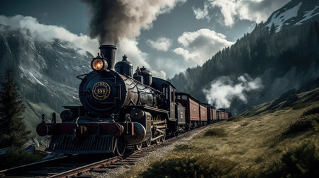 Concept illustration of a steam train is making its way through the picturesque scenery of the Swiss Alps, providing a scenic and nostalgic travel experience for passengers.の素材