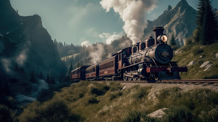 Concept illustration of a steam train is making its way through the picturesque scenery of the Swiss Alps, providing a scenic and nostalgic travel experience for passengers.の素材