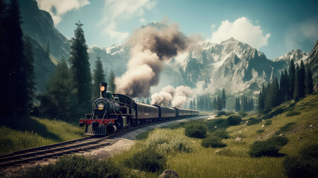 Concept illustration of a steam train is making its way through the picturesque scenery of the Swiss Alps, providing a scenic and nostalgic travel experience for passengers.の素材
