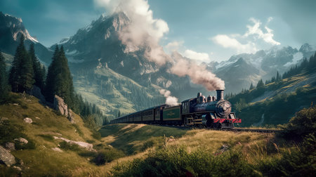 Concept illustration of a steam train is making its way through the picturesque scenery of the Swiss Alps, providing a scenic and nostalgic travel experience for passengers.の素材