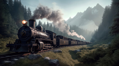 Concept illustration of a steam train is making its way through the picturesque scenery of the Swiss Alps, providing a scenic and nostalgic travel experience for passengers.の素材