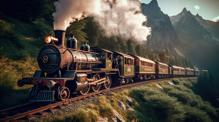 Concept illustration of a steam train is making its way through the picturesque scenery of the Swiss Alps, providing a scenic and nostalgic travel experience for passengers.の素材