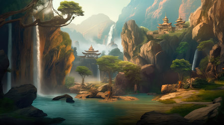 Concept illustration of a fantastic scene with wild waterfalls in a dense jungle. A mysterious world where the atmosphere of adventure and wild nature reigns. Generative AIの素材