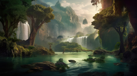Concept illustration of a fantastic scene with wild waterfalls in a dense jungle. A mysterious world where the atmosphere of adventure and wild nature reigns. Generative AIの素材