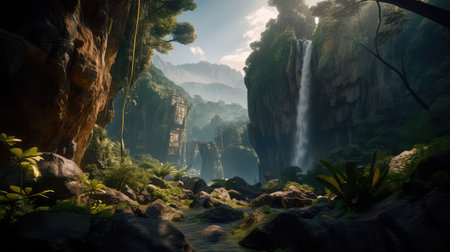 Concept illustration of a fantastic scene with wild waterfalls in a dense jungle. A mysterious world where the atmosphere of adventure and wild nature reigns. Generative AIの素材