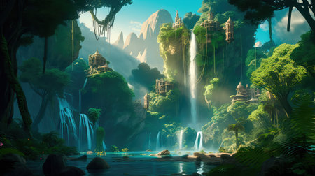Concept illustration of a fantastic scene with wild waterfalls in a dense jungle. A mysterious world where the atmosphere of adventure and wild nature reigns. Generative AIの素材