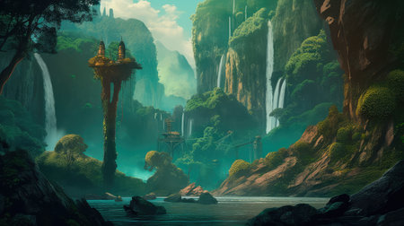 Concept illustration of a fantastic scene with wild waterfalls in a dense jungle. A mysterious world where the atmosphere of adventure and wild nature reigns. Generative AIの素材