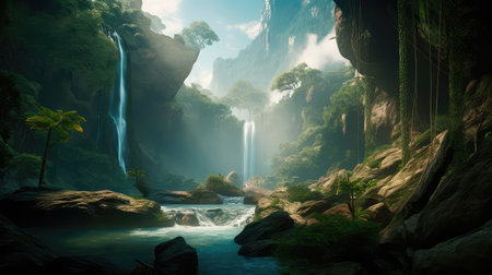 Concept illustration of a fantastic scene with wild waterfalls in a dense jungle. A mysterious world where the atmosphere of adventure and wild nature reigns. Generative AIの素材