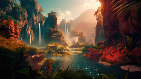 Concept illustration of a fantastic scene with wild waterfalls in a dense jungle. A mysterious world where the atmosphere of adventure and wild nature reigns. Generative AIの素材