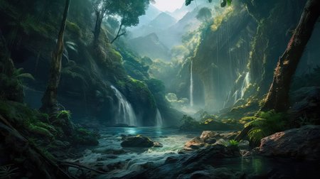 Concept illustration of a fantastic scene with wild waterfalls in a dense jungle. A mysterious world where the atmosphere of adventure and wild nature reigns. Generative AIの素材