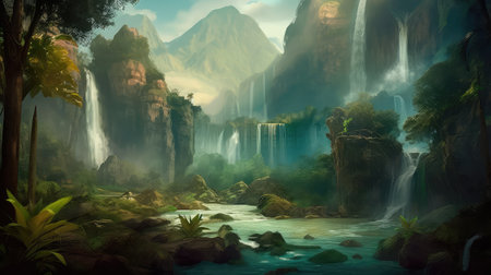 Concept illustration of a fantastic scene with wild waterfalls in a dense jungle. A mysterious world where the atmosphere of adventure and wild nature reigns. Generative AIの素材