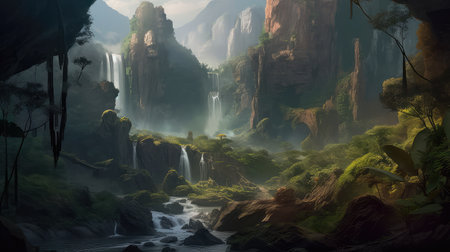 Concept illustration of a fantastic scene with wild waterfalls in a dense jungle. A mysterious world where the atmosphere of adventure and wild nature reigns. Generative AIの素材