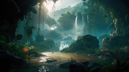 Concept illustration of a fantastic scene with wild waterfalls in a dense jungle. A mysterious world where the atmosphere of adventure and wild nature reigns. Generative AIの素材