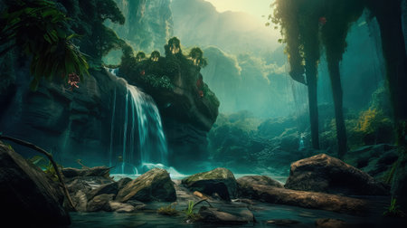 Concept illustration of a fantastic scene with wild waterfalls in a dense jungle. A mysterious world where the atmosphere of adventure and wild nature reigns. Generative AIの素材
