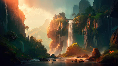 Concept illustration of a fantastic scene with wild waterfalls in a dense jungle. A mysterious world where the atmosphere of adventure and wild nature reigns. Generative AIの素材