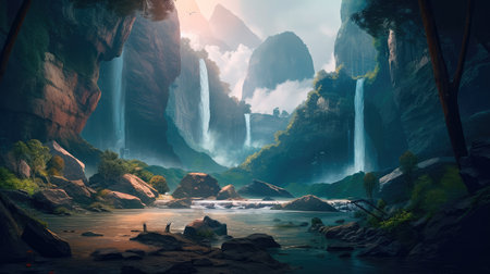 Concept illustration of a fantastic scene with wild waterfalls in a dense jungle. A mysterious world where the atmosphere of adventure and wild nature reigns. Generative AIの素材